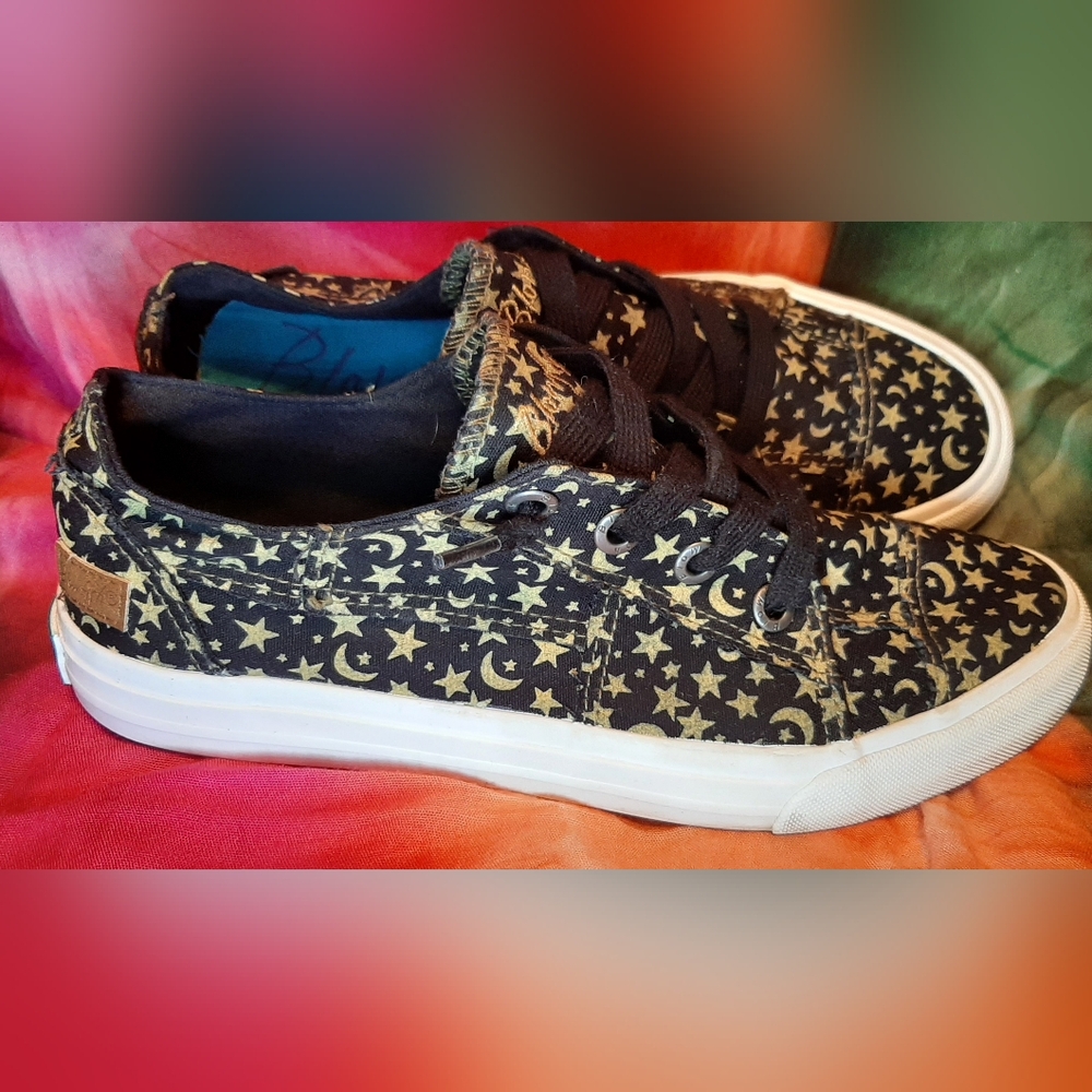 Women's Black Canvas Sneakers with Gold Star & Moon Print